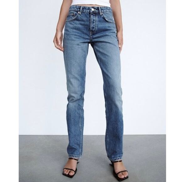 Zara ZW The Mid Waist Straight Leg Button Fly Cotton Womens Jeans US 4 - Picture 1 of 11